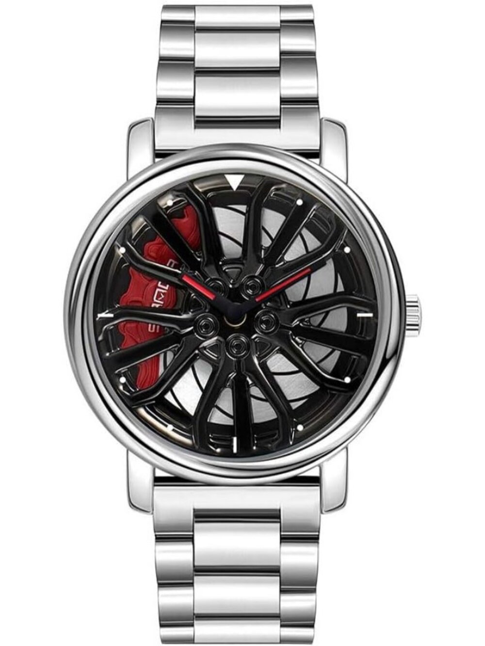 Men's Silver Creative 3D Spinning Car Wheel Rotating Stainless Steel Strap Watch